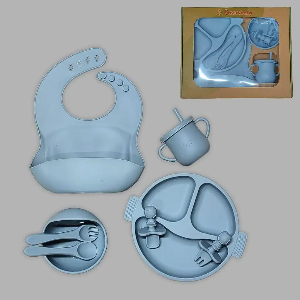 Smartbaby Full Silicone Feeding Tableware Set 8 pcs - Gray Blue